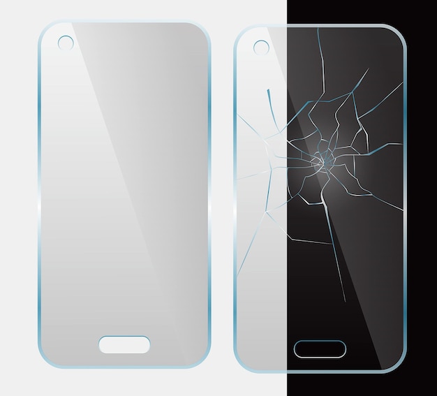 Vetor conjunto de filme protetor de tela quebrado realista em smartphone ou celular de vidro de exibição danificado