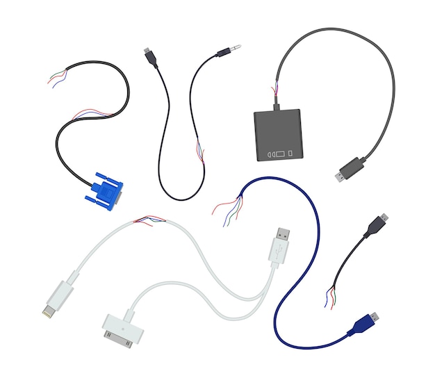 Conjunto de fios e cabos usb danificados