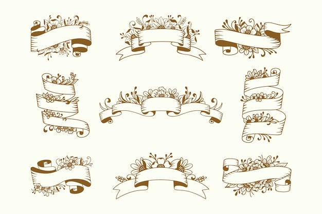 Vetor conjunto de fita desenhada à mão com flor