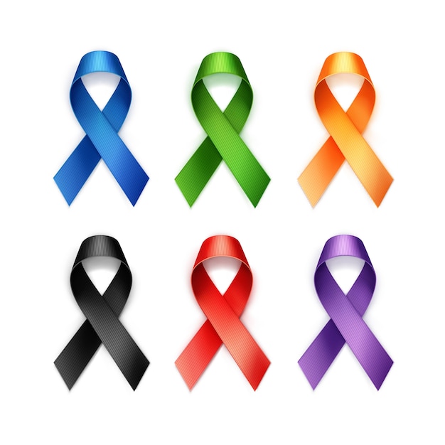 Conjunto de fitas coloridas de câncer de mama em fundo branco