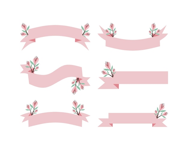 Vetor conjunto de fitas cor de rosa com design de ilustração vetorial de flores e folhas