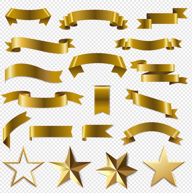 Vetor conjunto de fitas e estrelas douradas transparentes