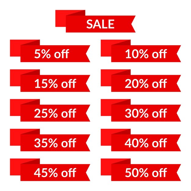 Conjunto de fitas vermelhas de venda com diferentes valores de desconto. modelo de etiqueta de venda. ilustração vetorial