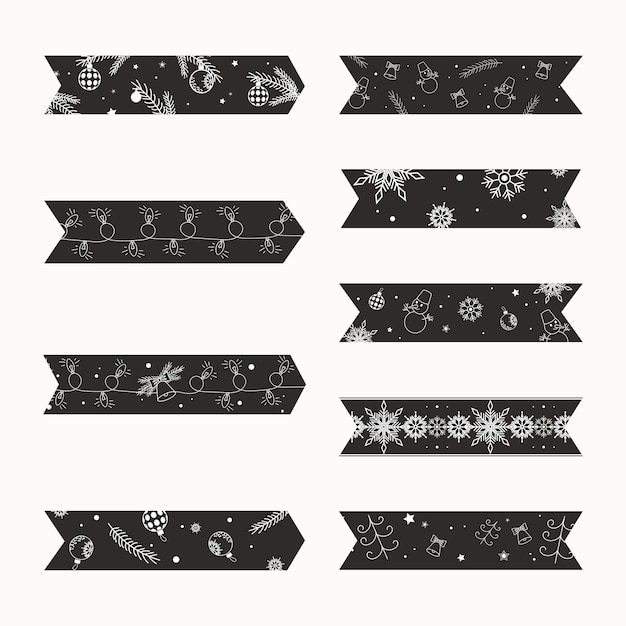 Conjunto de fitas washi pegajosas de natal preto e branco clipart de ano novo