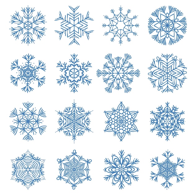 Conjunto de flocos de neve desenhados à mão de vetor Silhuetas de ícones de neve Elementos de design para o inverno de natal imprime saudações sazonais