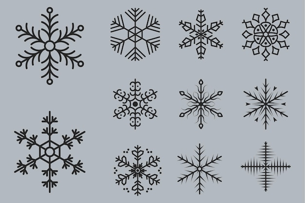 Conjunto de flocos de neve em estilo doodle para design de inverno natal e ícone de floco de neve de tema de inverno pintado