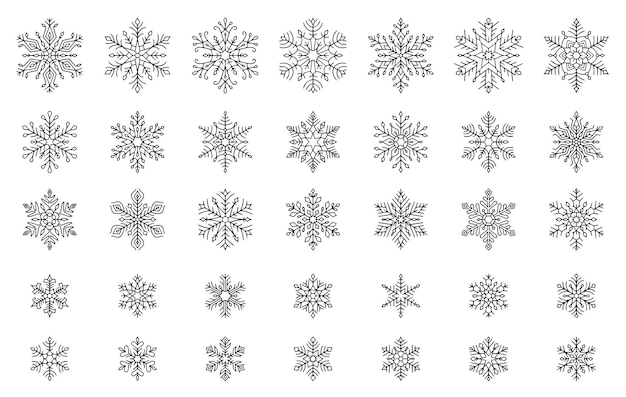 Conjunto de flocos de neve vetoriais Ilustração vetorial de linhas Elementos de design isolados em preto em fundo branco
