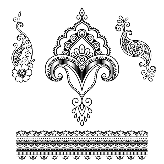 Conjunto de flor e borda de mehndi. decoração em estilo étnico oriental, indiano. ornamento do doodle. esboço mão desenhar ilustração.