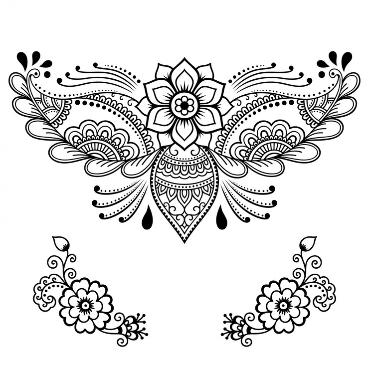 Conjunto de flor Mehndi. Decoração em estilo étnico oriental, indiano. Doodle ornamento. Mão de contorno desenhar ilustração.