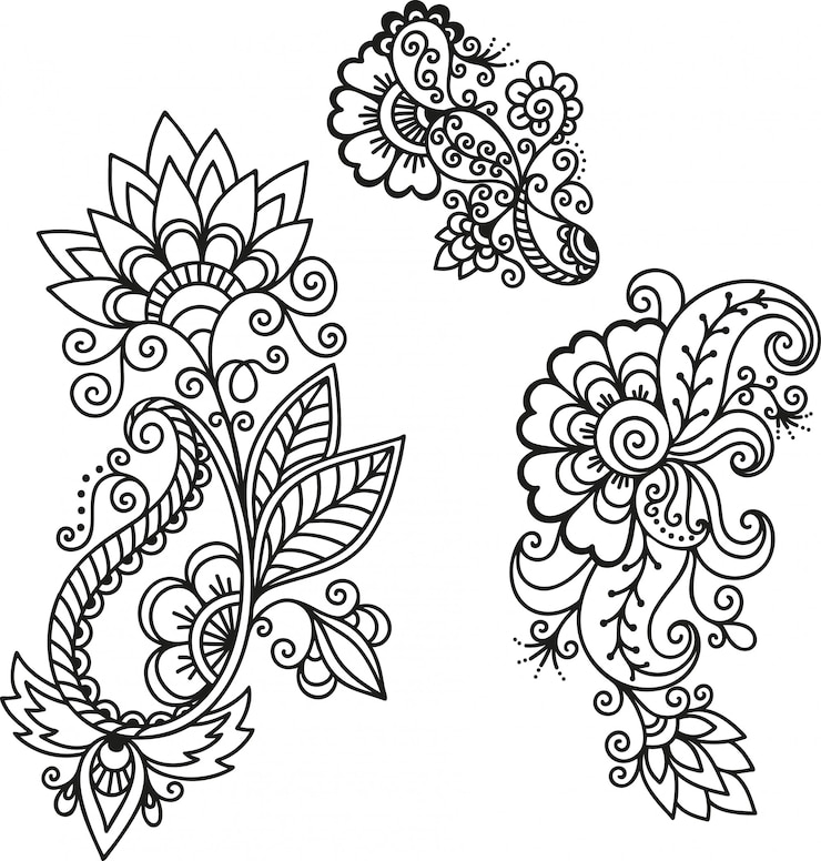 Conjunto de flor Mehndi. Decoração em estilo étnico oriental, indiano. Doodle ornamento. Mão de contorno desenhar ilustração.