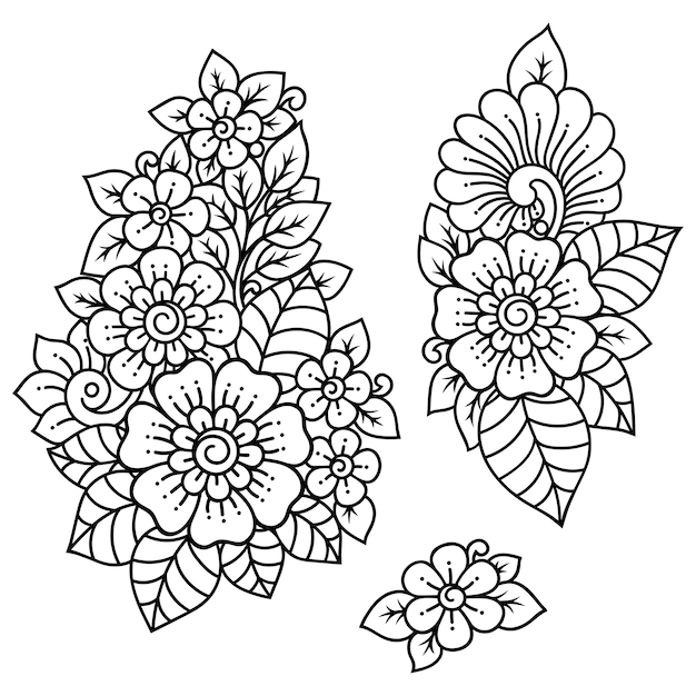 Vetor conjunto de flor mehndi. decoração em estilo étnico oriental, indiano. doodle ornamento. mão de contorno desenhar ilustração.