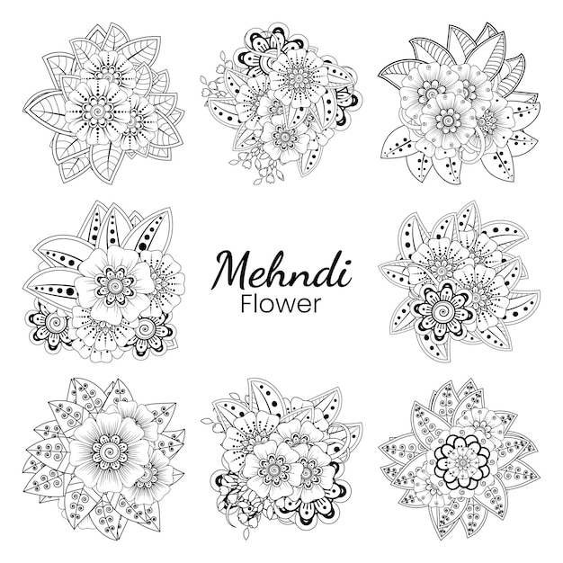 Conjunto de flor mehndi em estilo oriental étnico doodle ornamento contorno mão desenhar ilustração página do livro para colorir