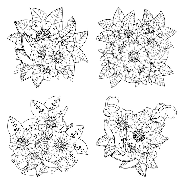 Conjunto de flor mehndi na página do livro para colorir de estilo oriental étnico