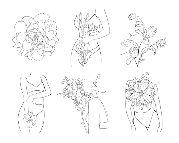 Conjunto de flores abstratas e rosto corporal em uma ilustração vetorial de estilo de linha