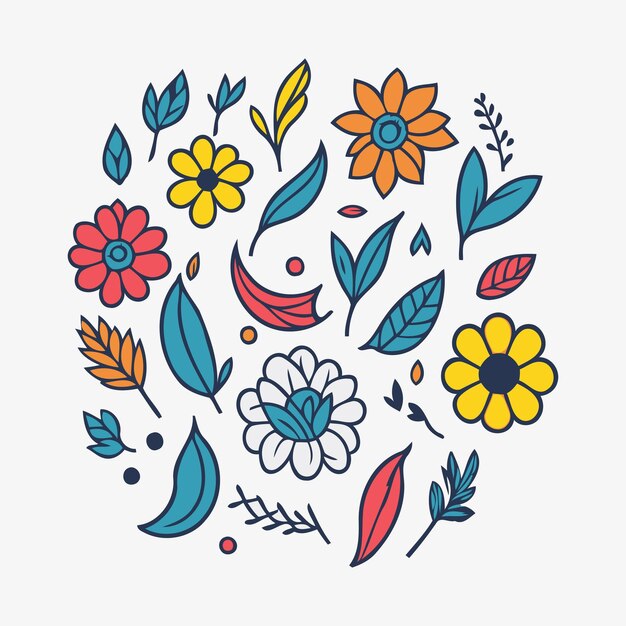 Vetor conjunto de flores coloridas desenhadas à mão em estilo de desenho animado folhas e elementos florais ilustração vetorial