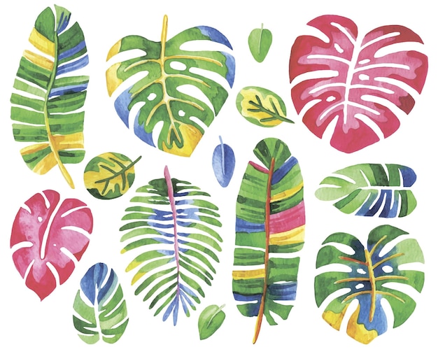 conjunto de flores coloridas e brilhantes e folhas tropicais abstração psicodélica