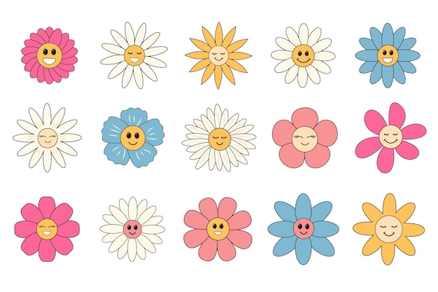 Conjunto de flores de desenho animado Groovy Personagens bonitos de margarida hippie retrô Ilustração em vetor de cor linear