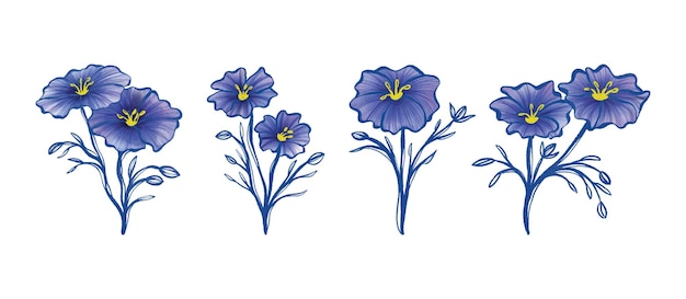 Conjunto de flores de linho azuis desenhadas à mão em aquarela clip art gráficos vetoriais 01