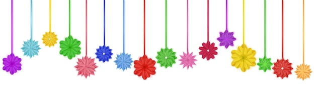 Conjunto de flores de papel colorido com sombras, penduradas em cordas