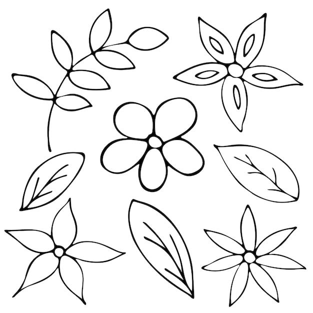 Conjunto de flores de rabiscos desenhados à mão em preto e branco