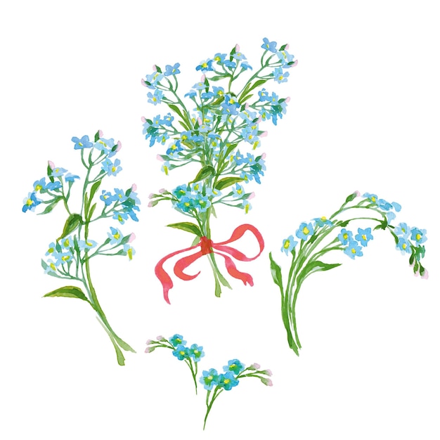 Conjunto de flores de vetor coleção floral colorida com aquarela myosotis design de primavera ou verão
