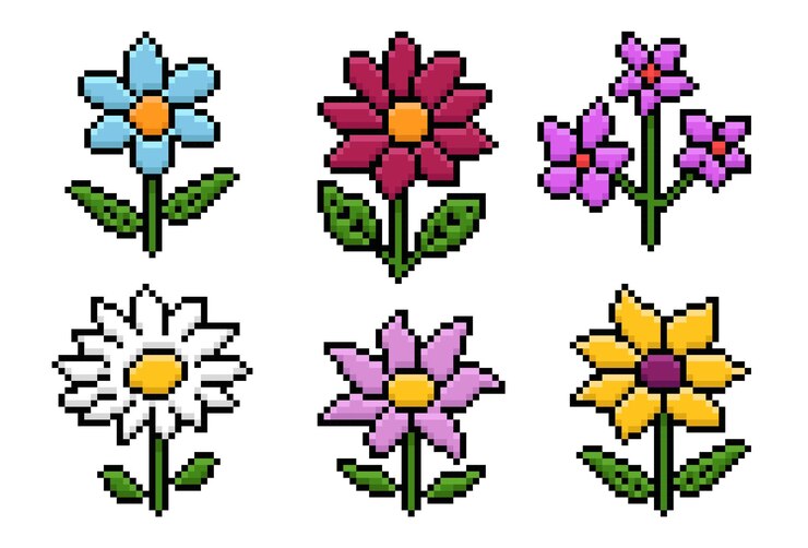 Vetor conjunto de flores diferentes em ilustração vetorial de estilo pixel
