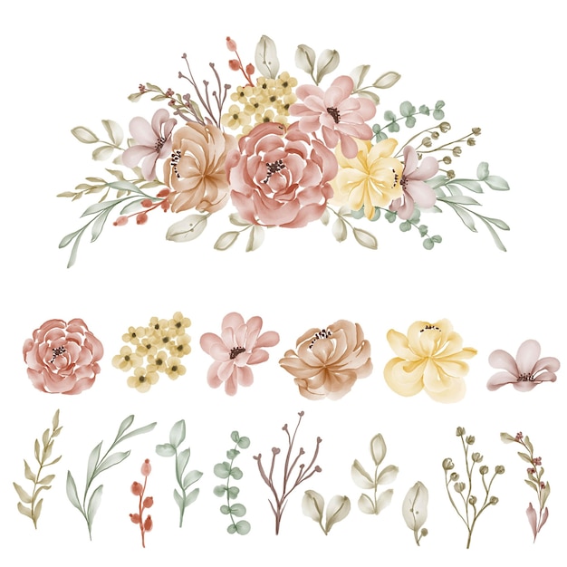Conjunto de flores e folhas de outono clip-art isolado