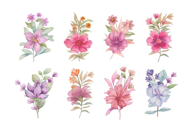 Vetor conjunto de flores e folhas de primavera em aquarela pintadas à mão para design de buquê