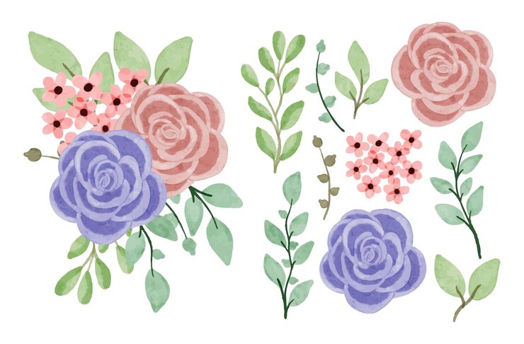 Vetor conjunto de flores em aquarela e deixar buquê