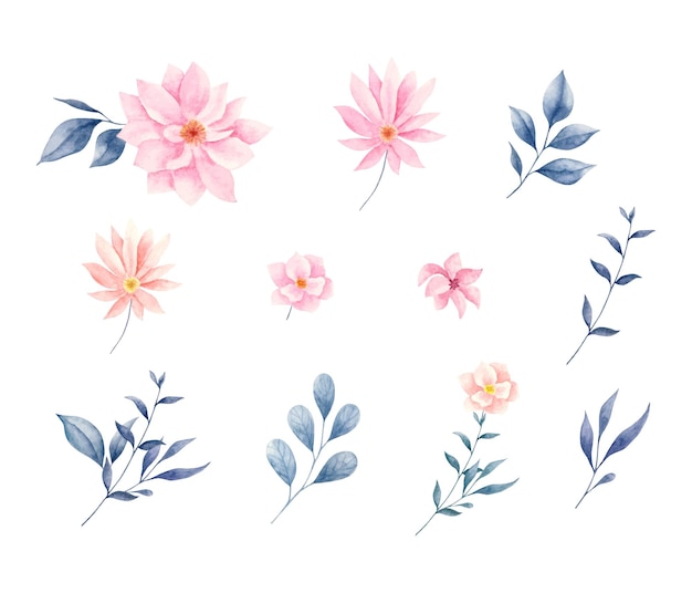 conjunto de flores em aquarela e folhas para desenho de buquê