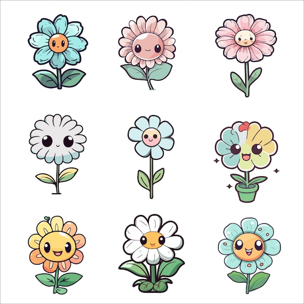 Conjunto de flores fofas ilustração vetorial coleção de flores fofas