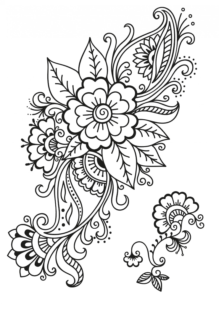 Conjunto de flores Mehndi. Decoração em estilo étnico oriental, indiano. Doodle ornamento. Mão de contorno desenhar ilustração.
