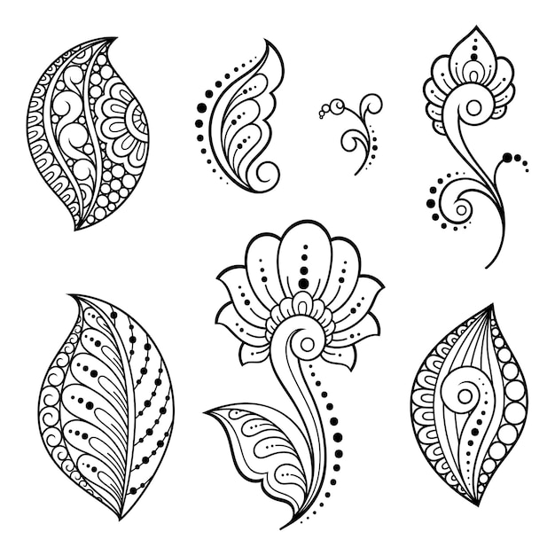 Conjunto de flores mehndi. decoração em estilo étnico oriental, indiano. ornamento do doodle. delinear a ilustração de desenho de mão.