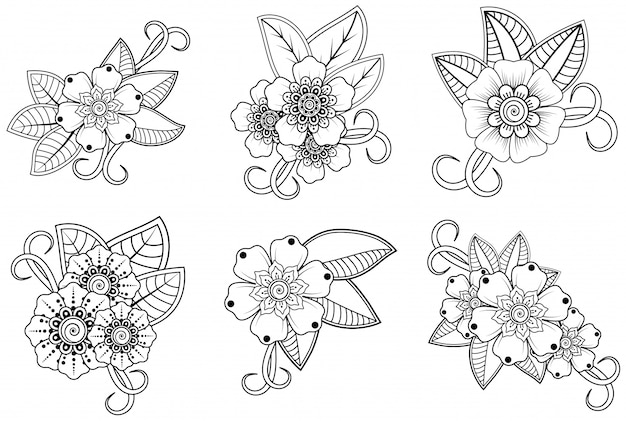 Conjunto de flores mehndi. decoração em estilo étnico oriental, indiano. ornamento do doodle. esboço mão desenhar ilustração.