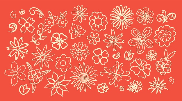 Conjunto de flores no fundo vermelho feito em estilo doodlevista superiordesign gráficopintura vetorial