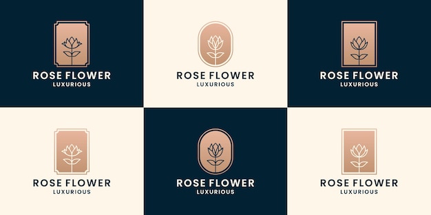 Conjunto de flores rosa, loja de flores, coleções de design de logotipo de florista com cor dourada