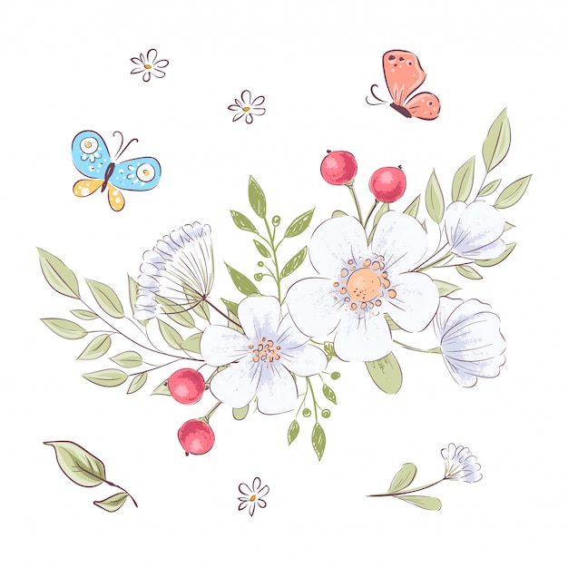 Conjunto de flores silvestres e borboletas. desenho à mão. ilustração vetorial