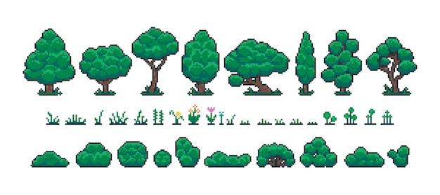 Conjunto de floresta de pixels elementos de interface do usuário de videogame retrô de 8 bits árvores arbustos e objetos de fundo de ativos de sprite de grama objetos de paisagem coleção isolada de vetores