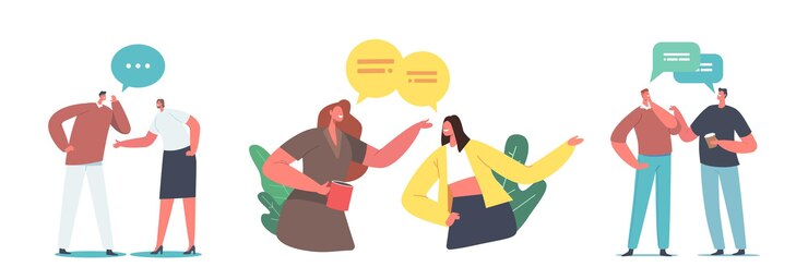 Vetor conjunto de fofoca de personagens masculinos e femininos. pessoas sussurram, discutindo notícias e informações falsas, reunião de amigos, comunicação e bate-papo isolado no fundo branco. ilustração em vetor de desenho animado