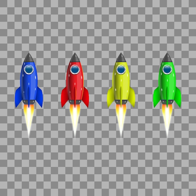Conjunto de foguetes coloridos em um fundo transparente