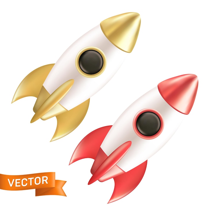 Vetor conjunto de foguetes voadores. ilustração em vetor 3d realista de uma nave espacial isolada no fundo branco. conceito de lançamento de inicialização de negócios. vai ficar ótimo para web design, apresentação ou projeto de negócios