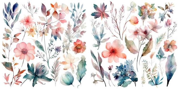 Conjunto de folhas de flores em aquarela e galhos em um fundo branco generativo ai