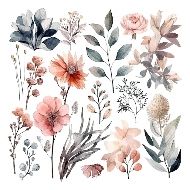 Conjunto de folhas de flores em aquarela e galhos em um fundo branco