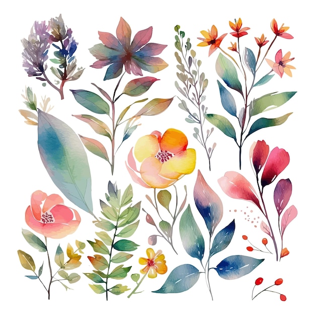 Conjunto de folhas de flores em aquarela e galhos em um fundo branco