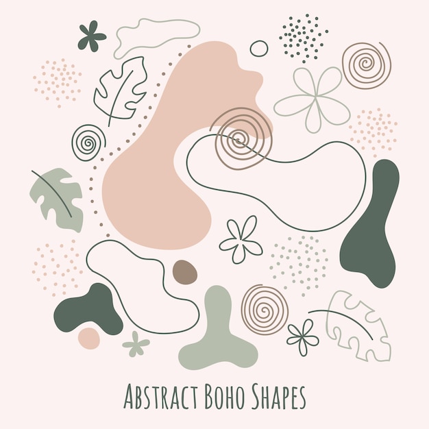 Conjunto de formas abstratas desenhadas à mão e elementos florais ilustração vetorial estilo boho