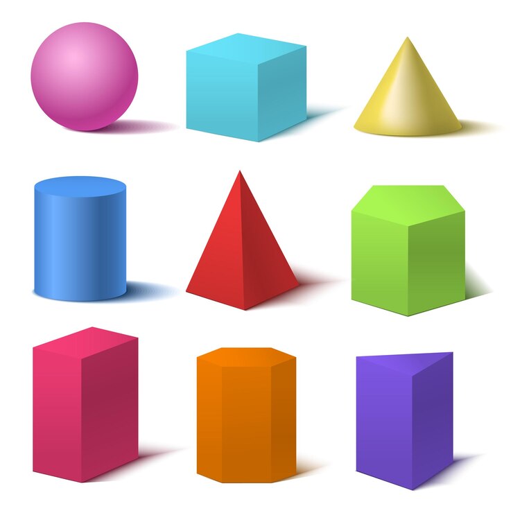 Vetor conjunto de formas básicas de cores 3d realistas detalhadas isoladas em fundo branco incluem esfera de cilindro de cubo e ilustração vetorial de cone