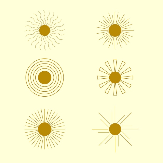 Conjunto de formas de sol e sunburst em ilustração minimalista de estilo moderno