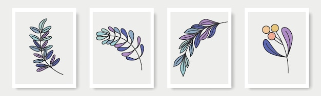 Conjunto de formas desenhadas à mão e elementos de design de folhas florais folhas de selva exótica ícone de elemento de ilustrações modernas contemporâneas abstratas