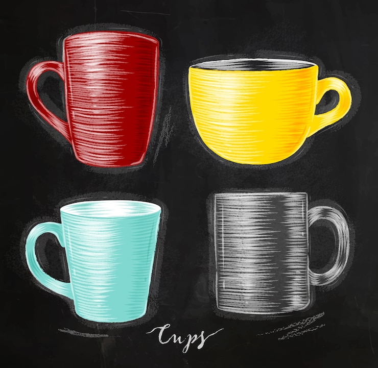 Vetor conjunto de formas diferentes de copos de desenho na cor vermelha, amarela, turquesa, cinza na ba de quadro-negro