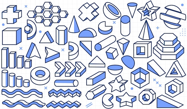 Conjunto de formas geométricas 3D contorno ícone elemento ilustração vetorial clipart
